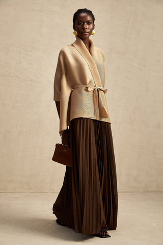 Adèle Cape-Wrap Top and Skirt Set — Khaki & Brown