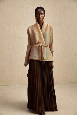 Adèle Cape-Wrap Top and Skirt Set — Khaki & Brown