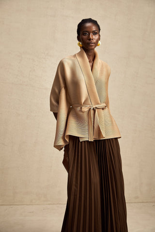 Adèle Cape-Wrap Top and Skirt Set — Khaki & Brown