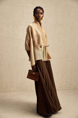 Adèle Cape-Wrap Top and Skirt Set — Khaki & Brown