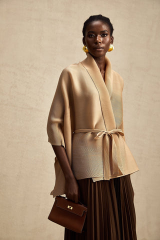 Adèle Cape-Wrap Top and Skirt Set — Khaki & Brown
