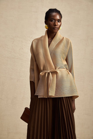 Adèle Cape-Wrap Top and Skirt Set — Khaki & Brown