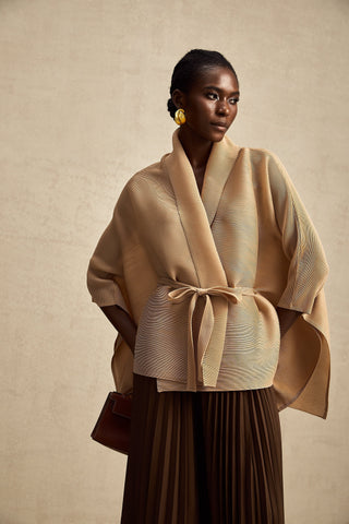 Adèle Cape-Wrap Top and Skirt Set — Khaki & Brown