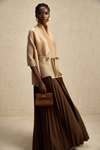 Adèle Cape-Wrap Top and Skirt Set — Khaki & Brown