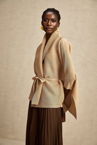 Adèle Cape-Wrap Top and Skirt Set — Khaki & Brown