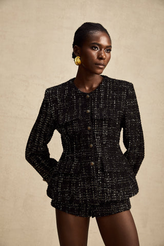 Claudine Metallic Tweed Jacket and Shorts Set — Black & Gold
