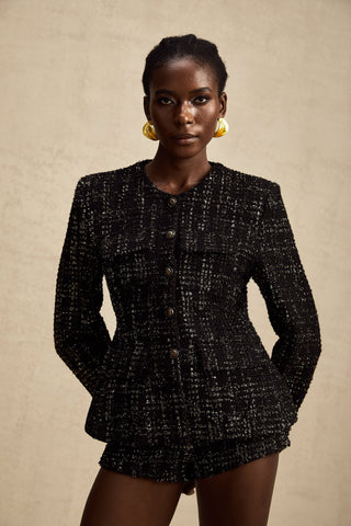Claudine Metallic Tweed Jacket and Shorts Set — Black & Gold