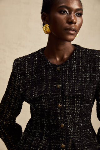 Claudine Metallic Tweed Jacket and Shorts Set — Black & Gold