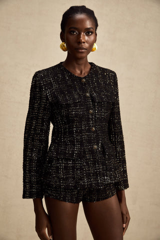 Claudine Metallic Tweed Jacket and Shorts Set — Black & Gold