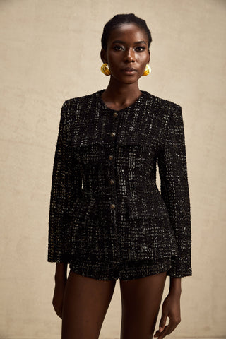 Claudine Metallic Tweed Jacket and Shorts Set — Black & Gold