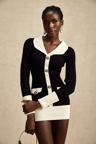 Charlotte Color-Blocked Ribbed Knit Mini Dress — Black & White