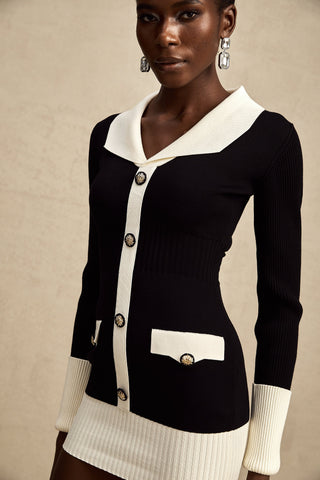 Charlotte Color-Blocked Ribbed Knit Mini Dress — Black & White