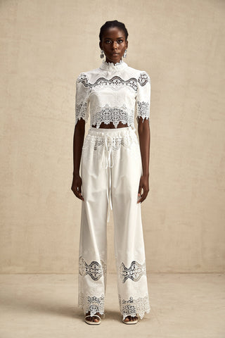 Raphaëlle Lace-Trim Crop Top and Trousers Set — White