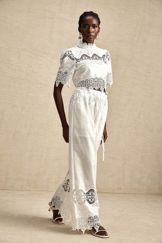 Raphaëlle Lace-Trim Crop Top and Trousers Set — White