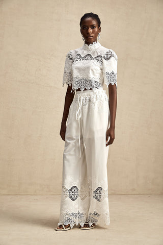 Raphaëlle Lace-Trim Crop Top and Trousers Set — White