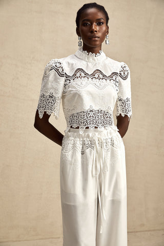 Raphaëlle Lace-Trim Crop Top and Trousers Set — White
