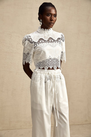 Raphaëlle Lace-Trim Crop Top and Trousers Set — White