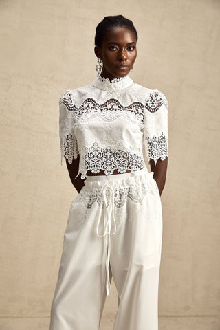 Raphaëlle Lace-Trim Crop Top and Trousers Set — White