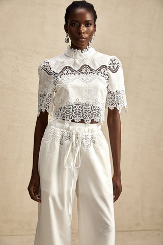 Raphaëlle Lace-Trim Crop Top and Trousers Set — White