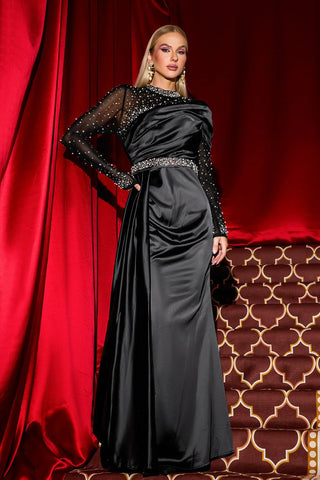 Seren Satin Maxi Dress with Rhinestone & Pearl Accents — Black
