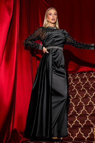 Seren Satin Maxi Dress with Rhinestone & Pearl Accents — Black
