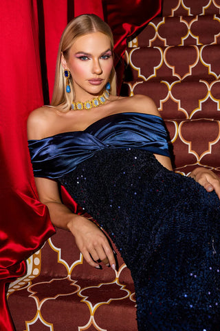 Lirael Off-Shoulder Satin Maxi Dress — Blue