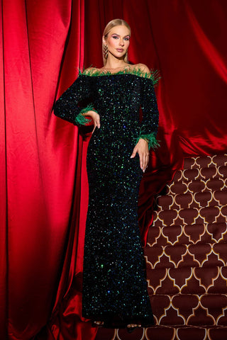 Athena Velvet Sequin & Feather Maxi Dress