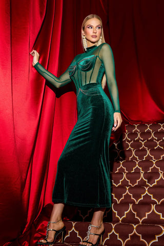 Minnie Velvet Mesh Maxi Dress with Rhinestone Accents — Green