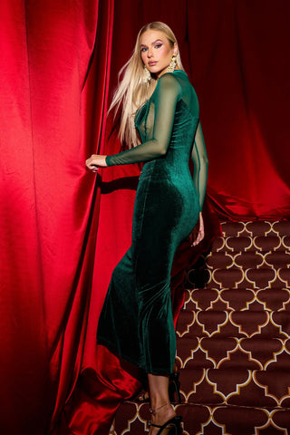 Minnie Velvet Mesh Maxi Dress with Rhinestone Accents — Green