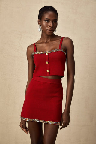 Lotus Knit Cardigan, Vest, and Skirt Set — Red