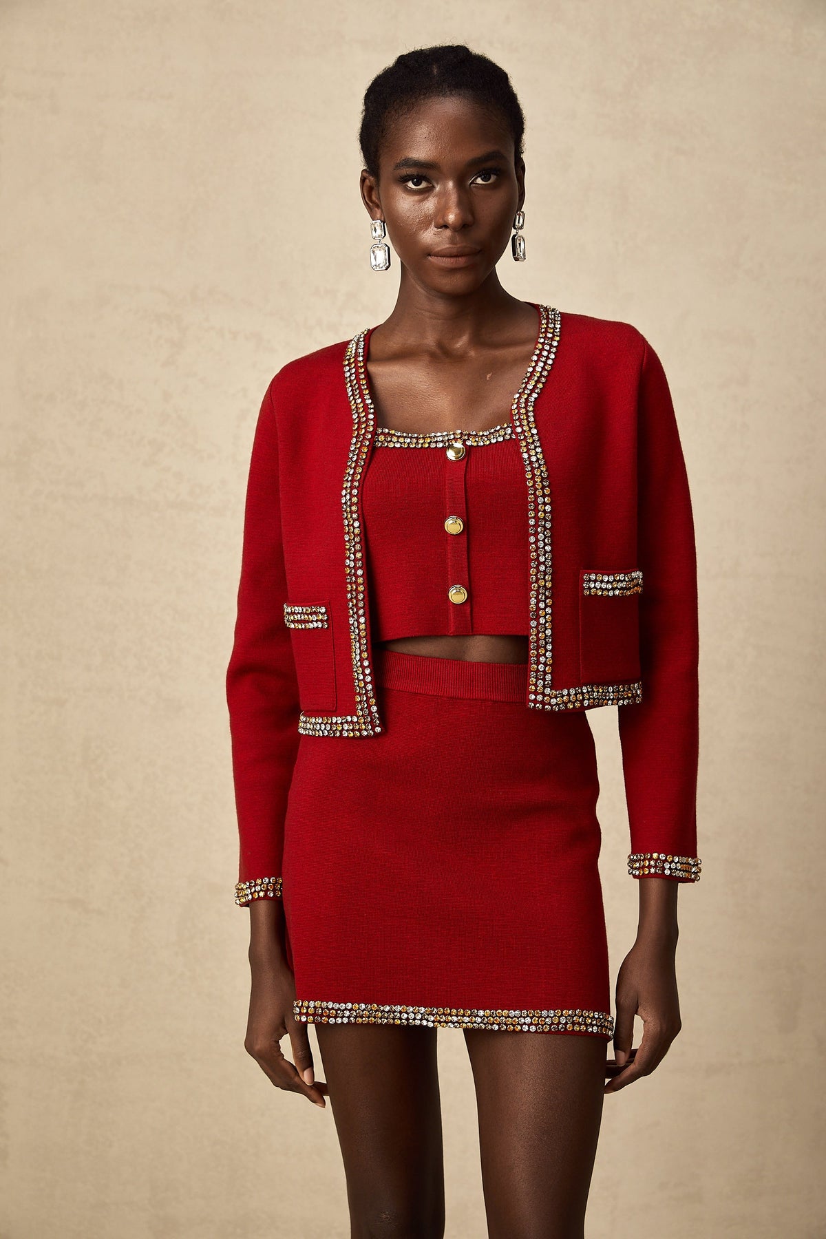 Lotus Knit Cardigan, Vest, and Skirt Set — Red