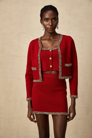 Lotus Knit Cardigan, Vest, and Skirt Set — Red