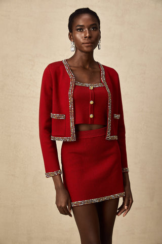 Lotus Knit Cardigan, Vest, and Skirt Set — Red