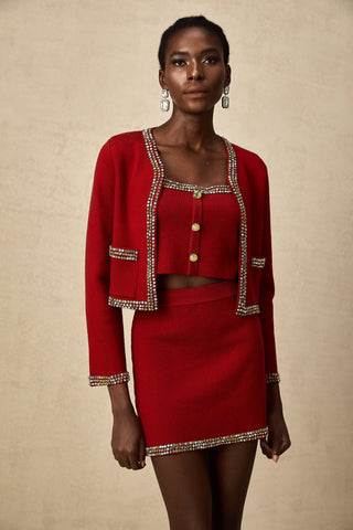 Lotus Knit Cardigan, Vest, and Skirt Set — Red