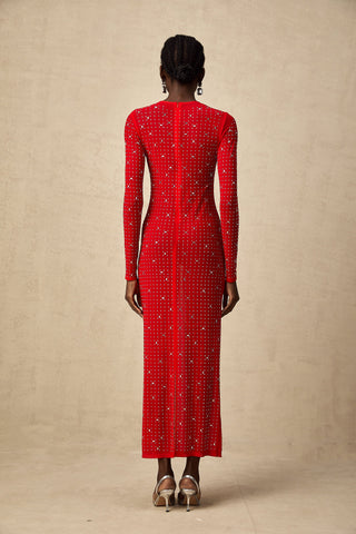 Ghislaine Rhinestone Tulle Maxi Dress — Red