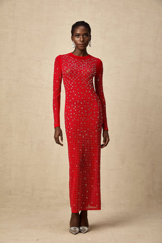 Ghislaine Rhinestone Tulle Maxi Dress — Red