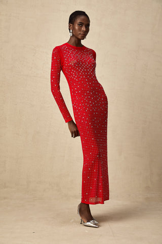 Ghislaine Rhinestone Tulle Maxi Dress — Red