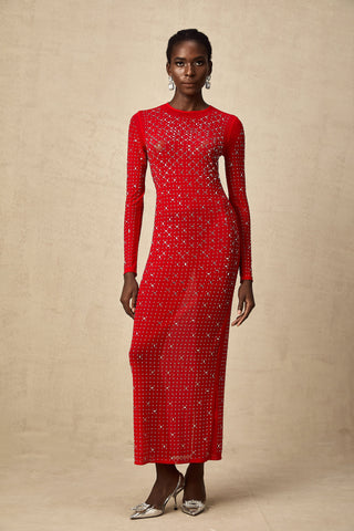 Ghislaine Rhinestone Tulle Maxi Dress — Red