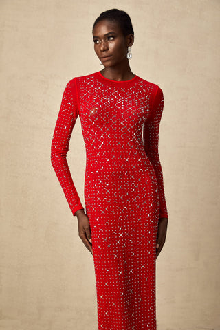 Ghislaine Rhinestone Tulle Maxi Dress — Red