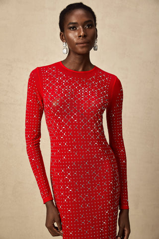 Ghislaine Rhinestone Tulle Maxi Dress — Red