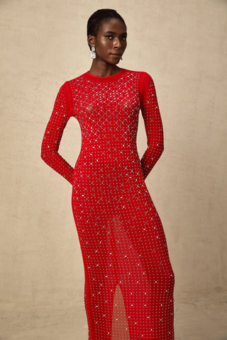 Ghislaine Rhinestone Tulle Maxi Dress — Red