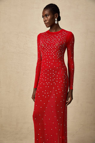Ghislaine Rhinestone Tulle Maxi Dress — Red
