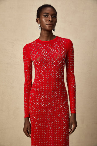 Ghislaine Rhinestone Tulle Maxi Dress — Red