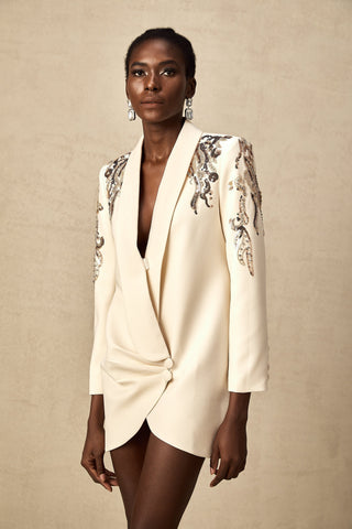Éléna Sequined Wrap Blazer Dress — Neutral
