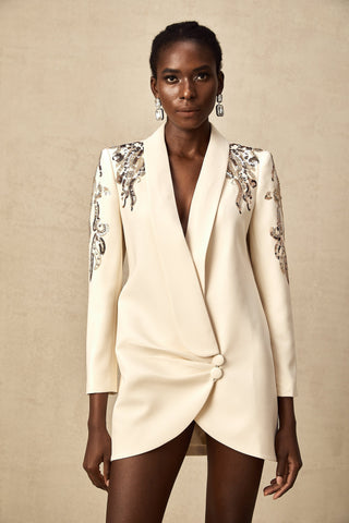 Éléna Sequined Wrap Blazer Dress — Neutral