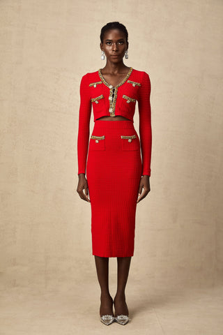 Axelle Embellished Knit Cardigan and Skirt Set — Red & Gold