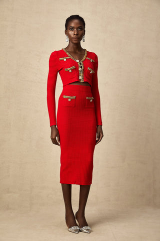 Axelle Embellished Knit Cardigan and Skirt Set — Red & Gold