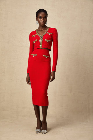 Axelle Embellished Knit Cardigan and Skirt Set — Red & Gold