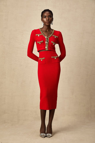 Axelle Embellished Knit Cardigan and Skirt Set — Red & Gold