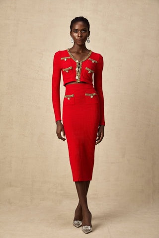 Axelle Embellished Knit Cardigan and Skirt Set — Red & Gold